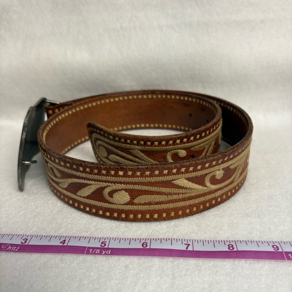 SOLD VTG Ralph Lauren Leather Belt sz S Brown Leather Embroidered Metal Plaque - Picture 13 of 14